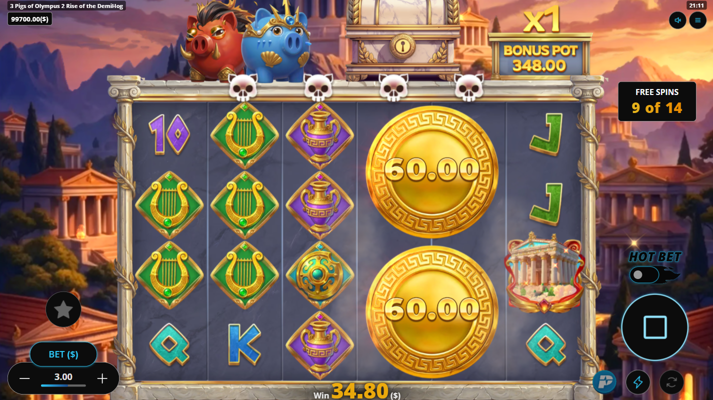 3 Pigs of Olympus 2 Rise of the DemiHog Double Pig Buy Bonus feature active