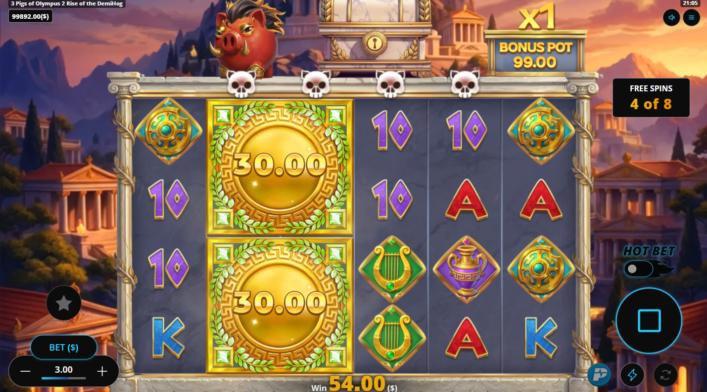 3 Pigs of Olympus 2 Rise of the DemiHog Single Pig Buy Bonus feature active