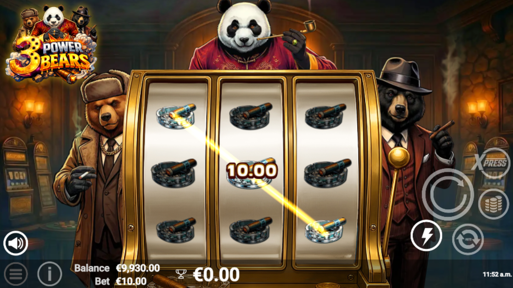 3 Power Bears base game screenshot showing 3x3 reel grid with classic symbols