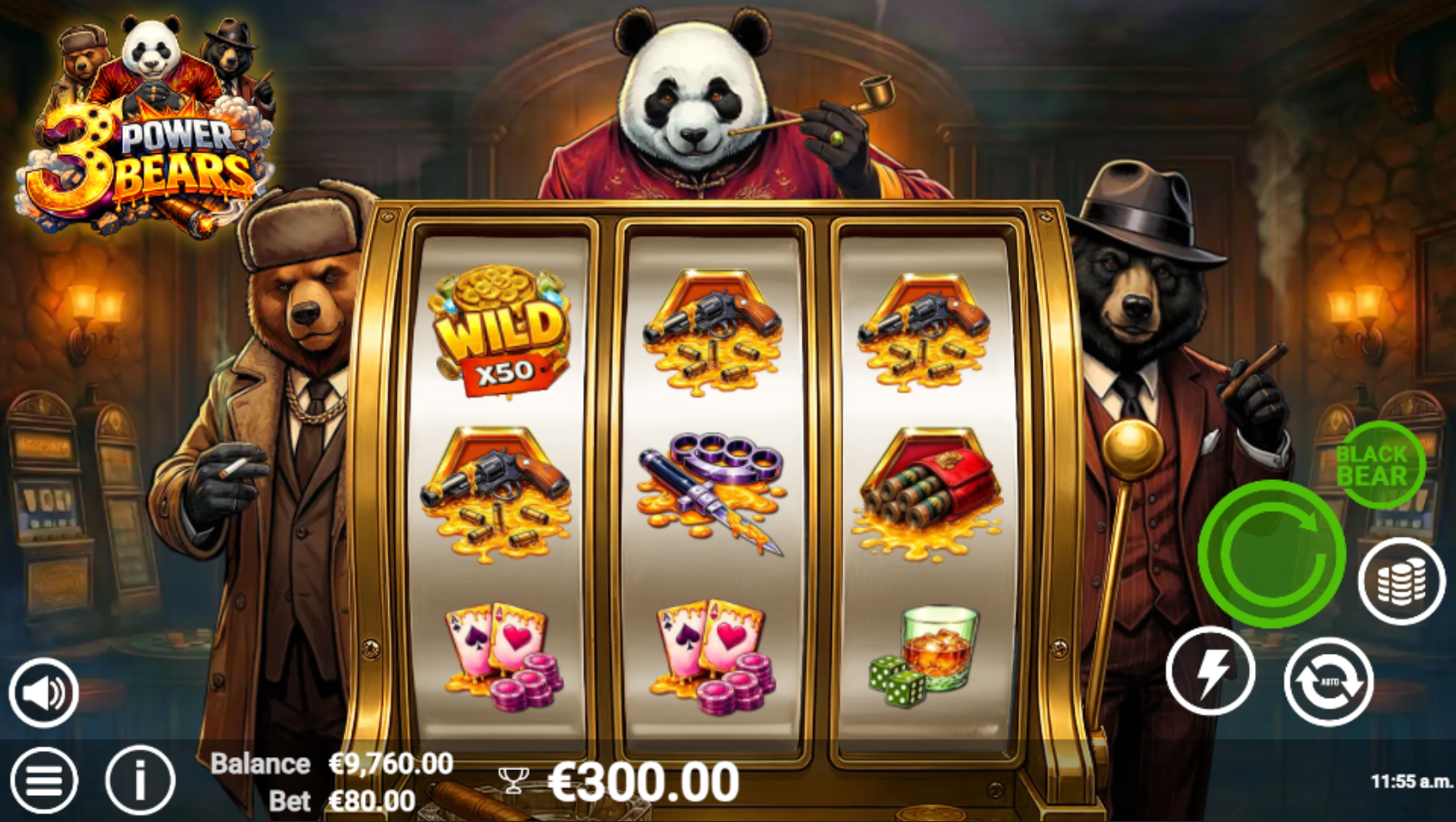 3 Power Bears Black Bear Spin bonus mode with Wild x50 multiplier