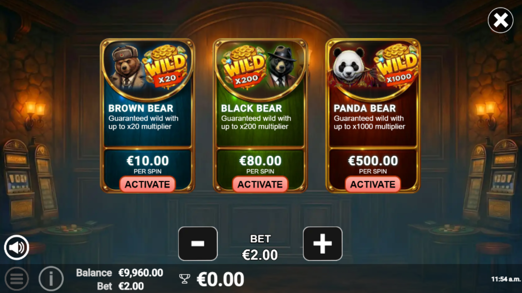 3 Power Bears bonus buy menu showing three bear spin options and their costs