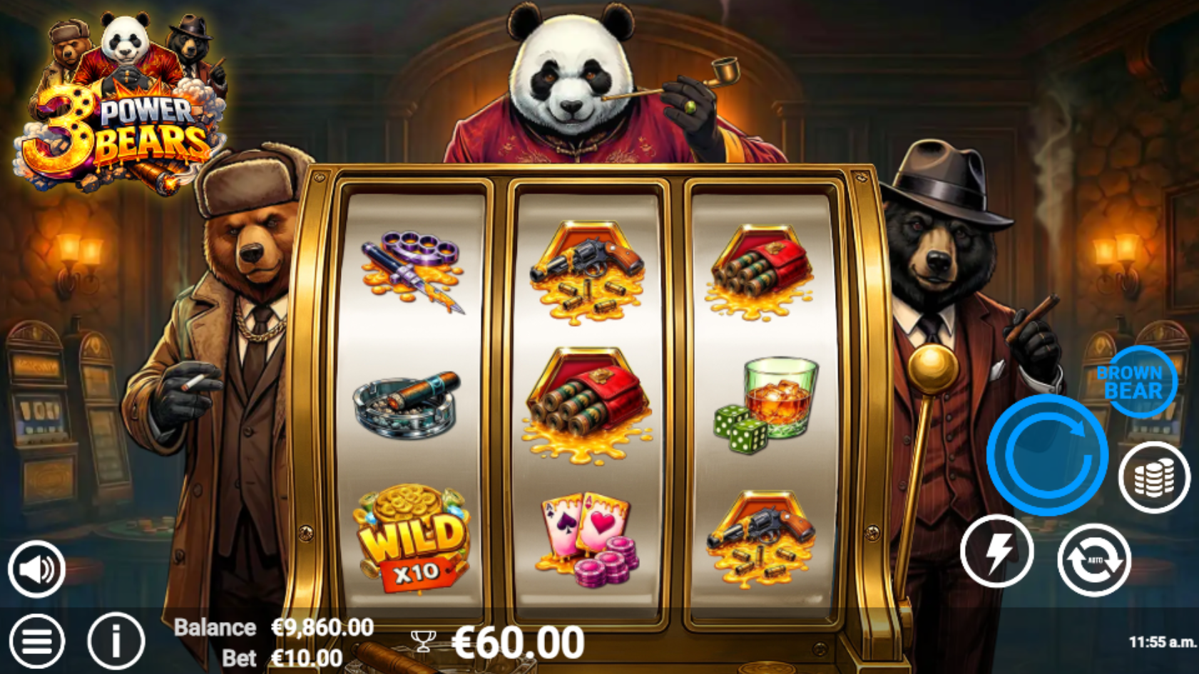3 Power Bears Brown Bear Spin bonus mode with Wild x10 multiplier
