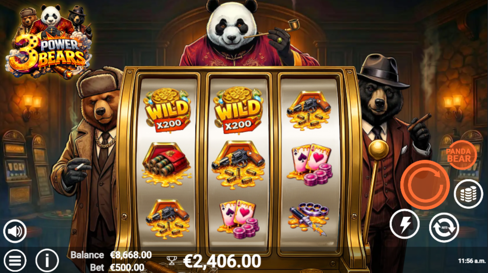 3 Power Bears Panda Bear Spin premium bonus mode with two Wild x200 multipliers