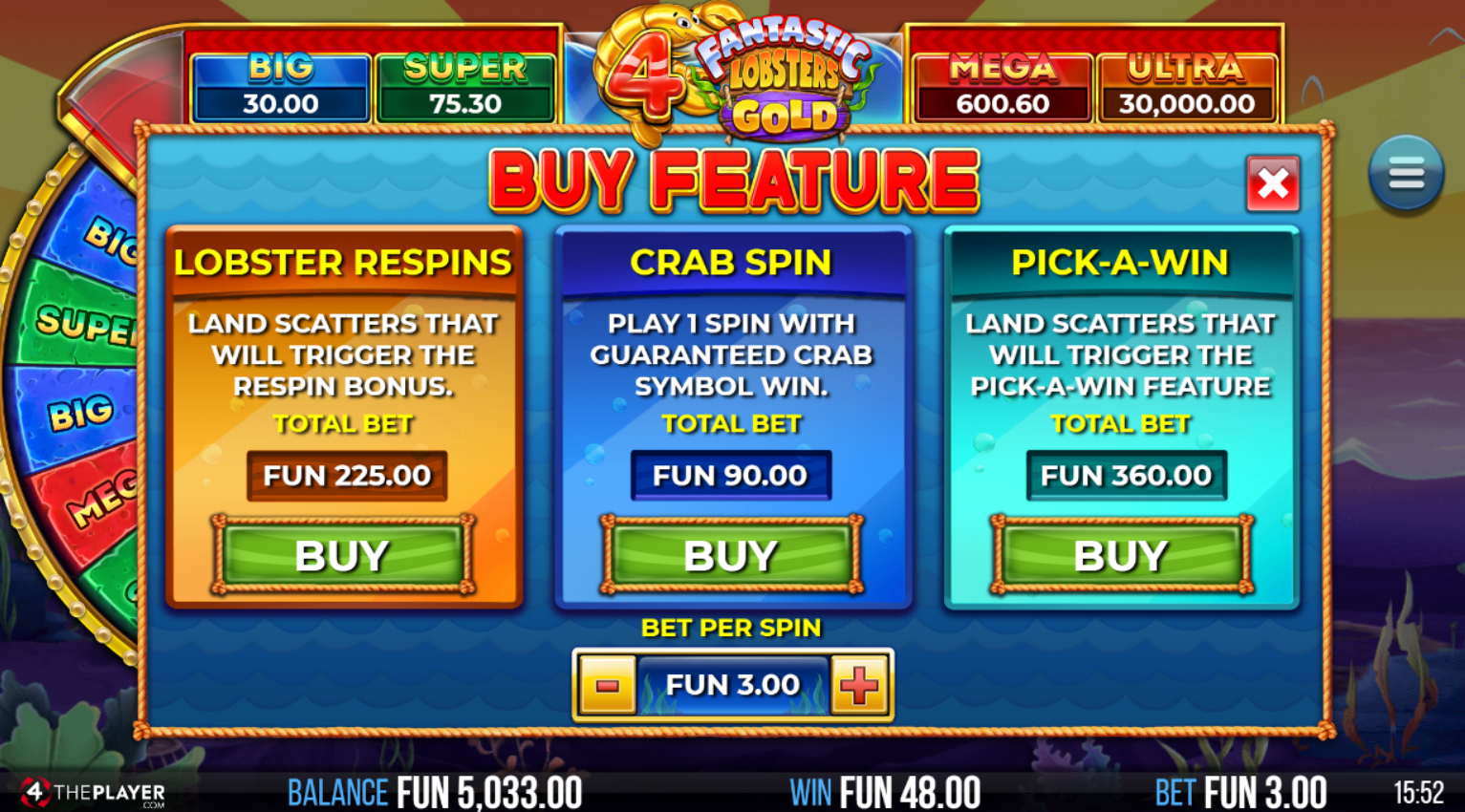 4 Fantastic Lobsters Gold Bonus Buy options showing Respins at 75x, Pick-A-Win at 120x and Crab Spin at 30x stake