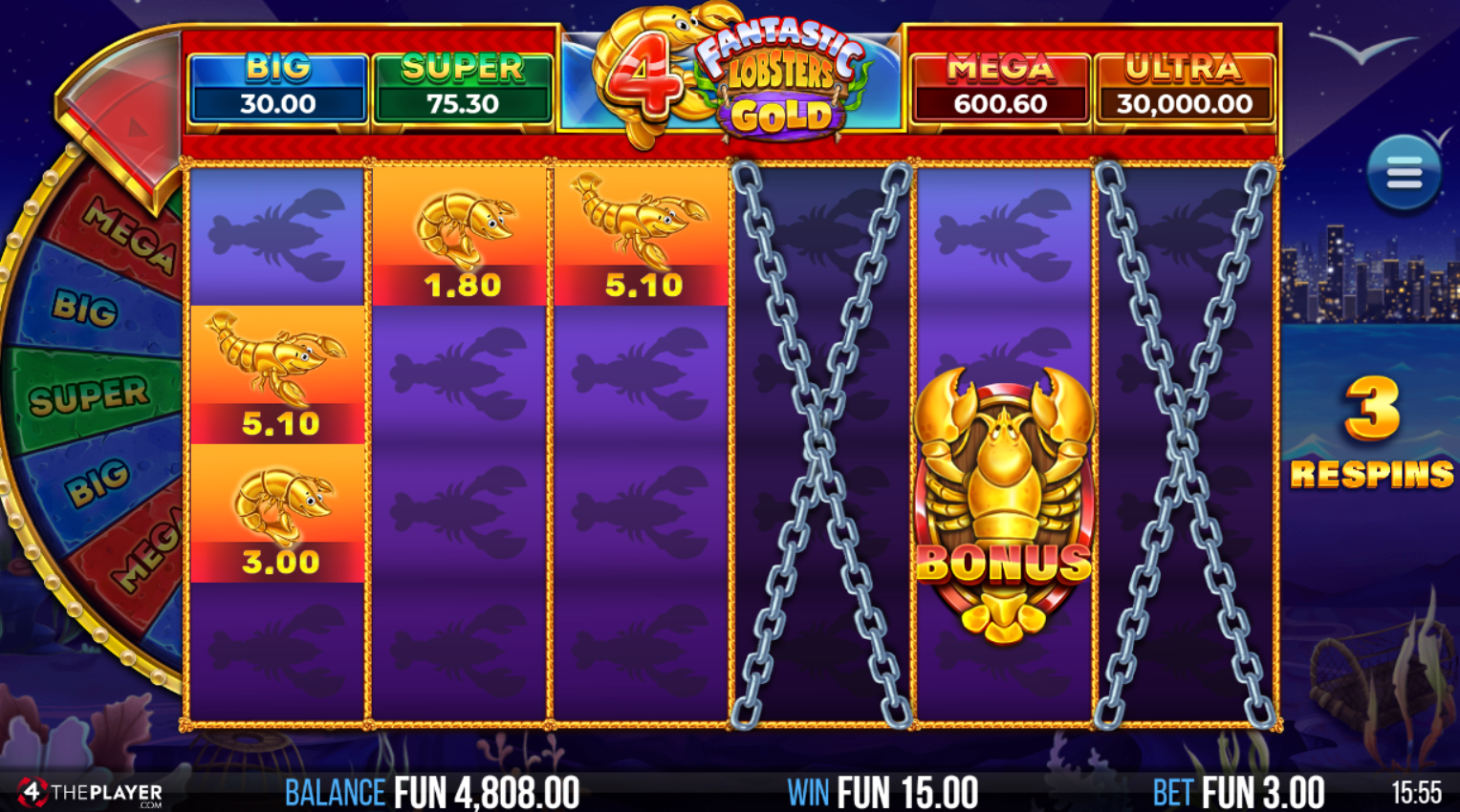 4 Fantastic Lobsters Gold Lobster Respins Bonus feature with locked cash prizes on reels