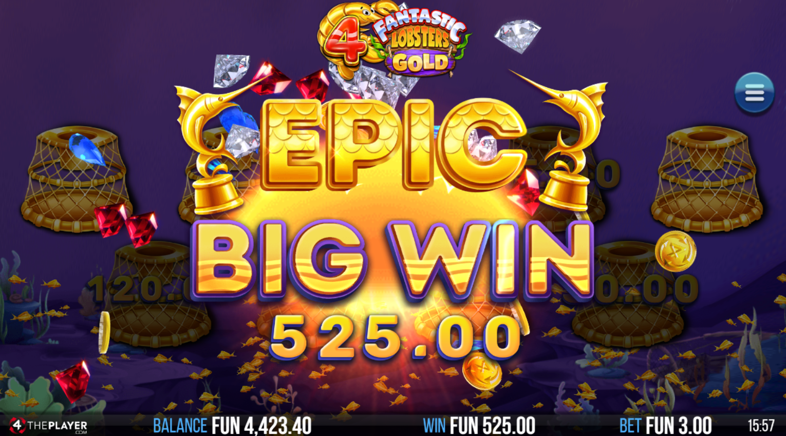 4 Fantastic Lobsters Gold Pick-A-Win Bonus feature showing a big win