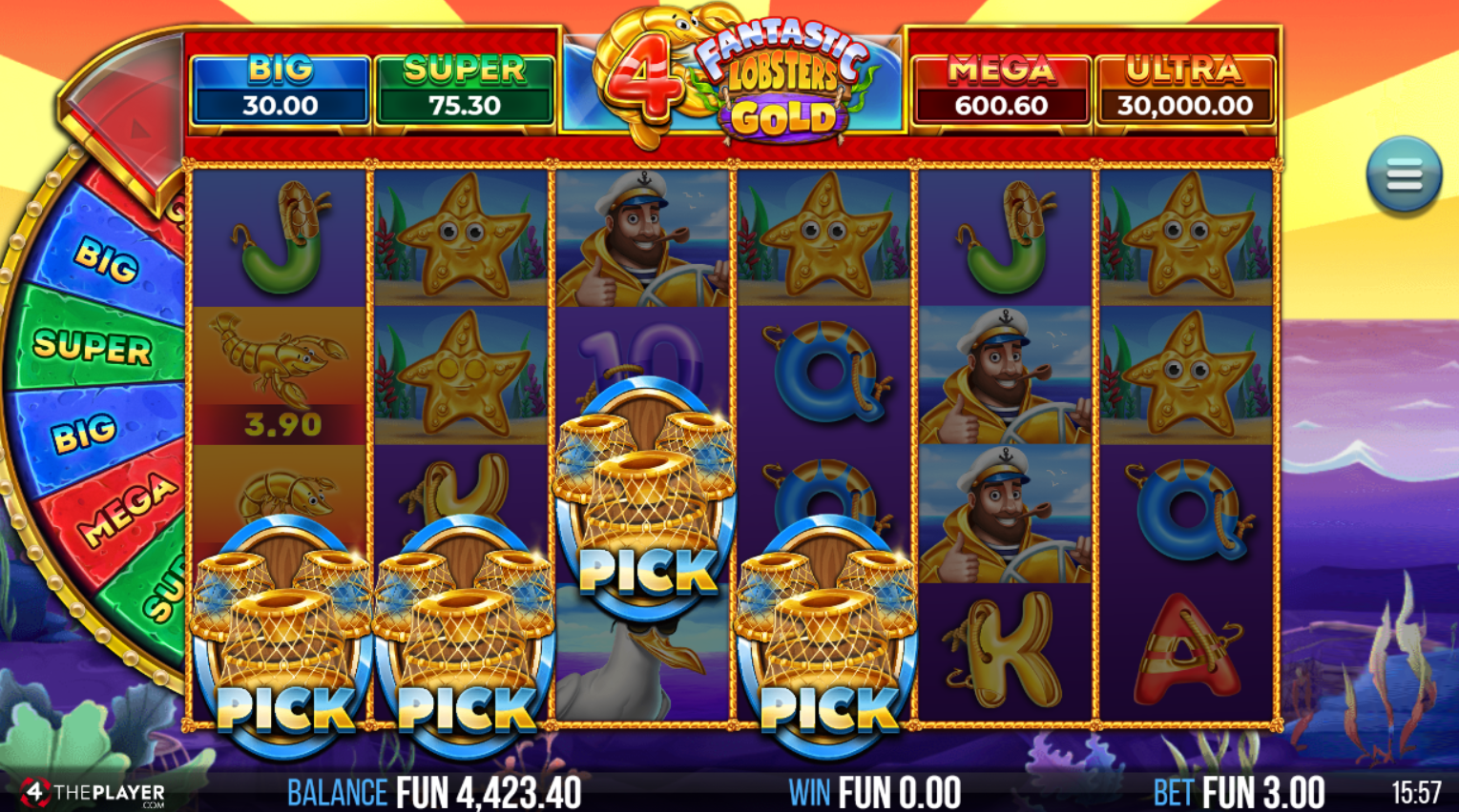 4 Fantastic Lobsters Gold Pick-A-Win Bonus feature showing pick selections