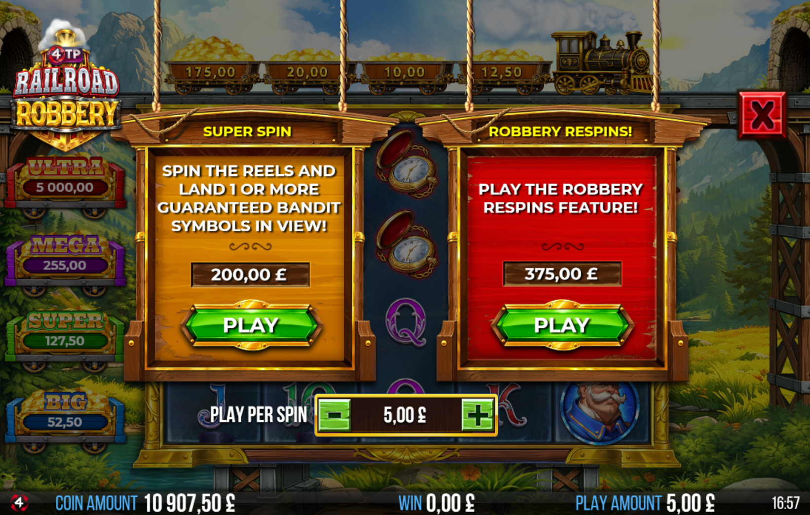 4TP Railroad Robbery Game Boosts menu showing Super Spin and Instant Robbery Respins options
