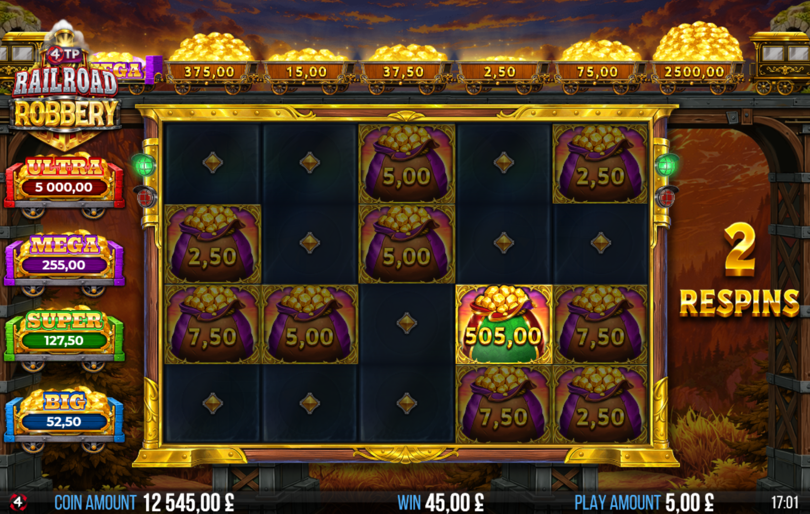 4TP Railroad Robbery Robbery Respins feature with locked Bandit symbols