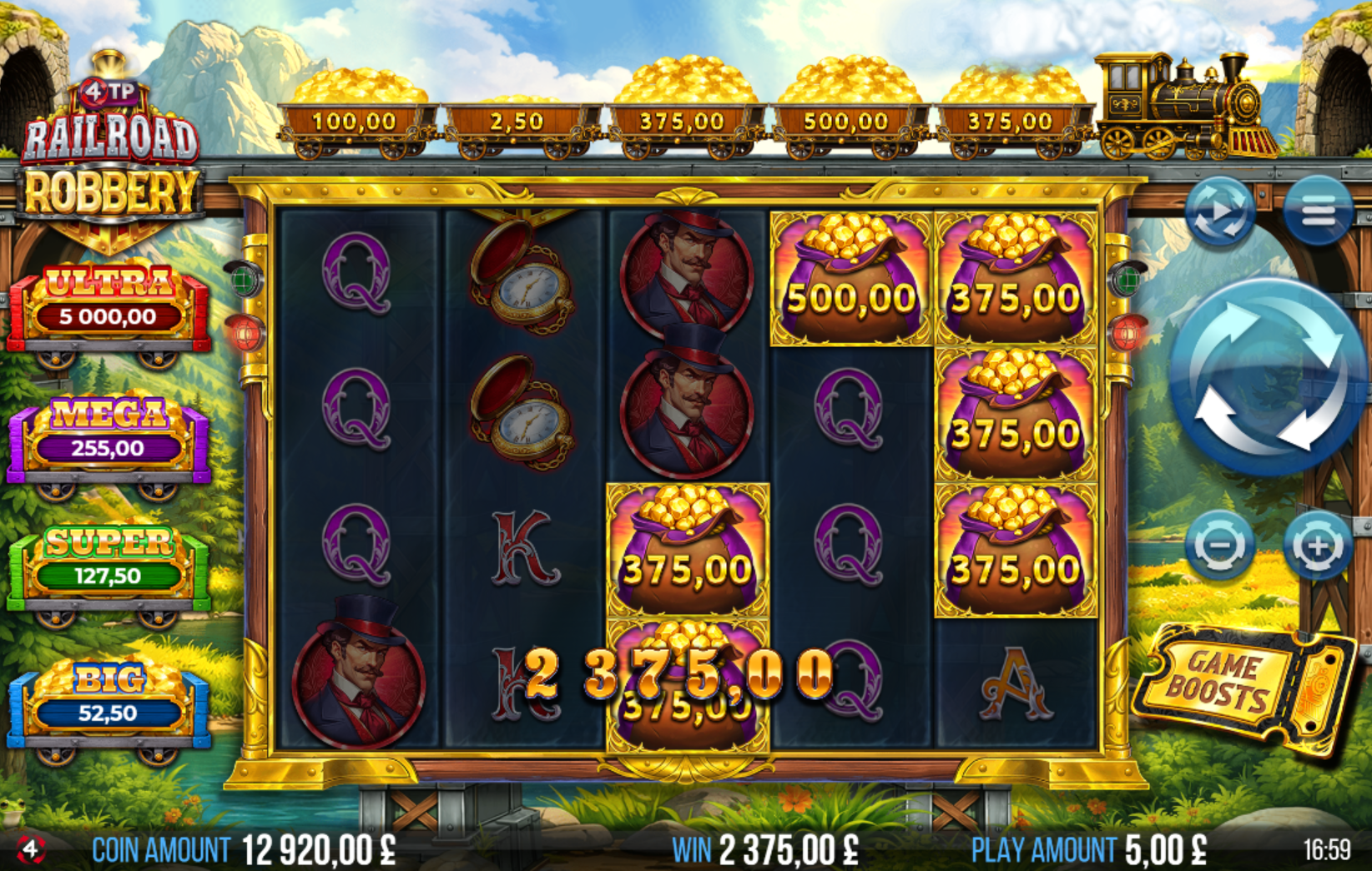 4TP Railroad Robbery Super Spin Game Boost feature guaranteeing Bandit symbols