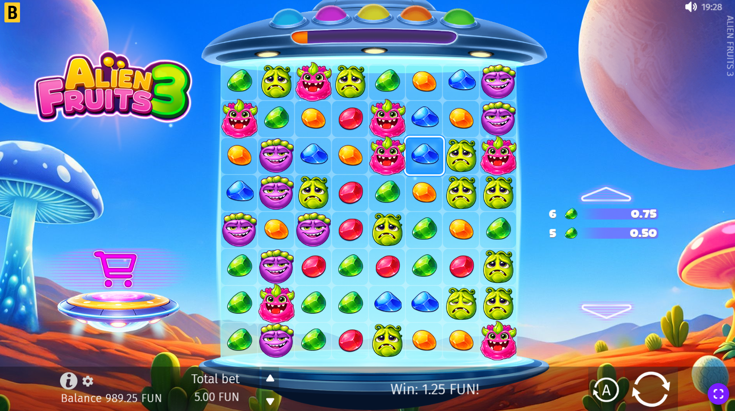 Alien Fruits 3 base game showing the cluster pays grid with fruit symbols