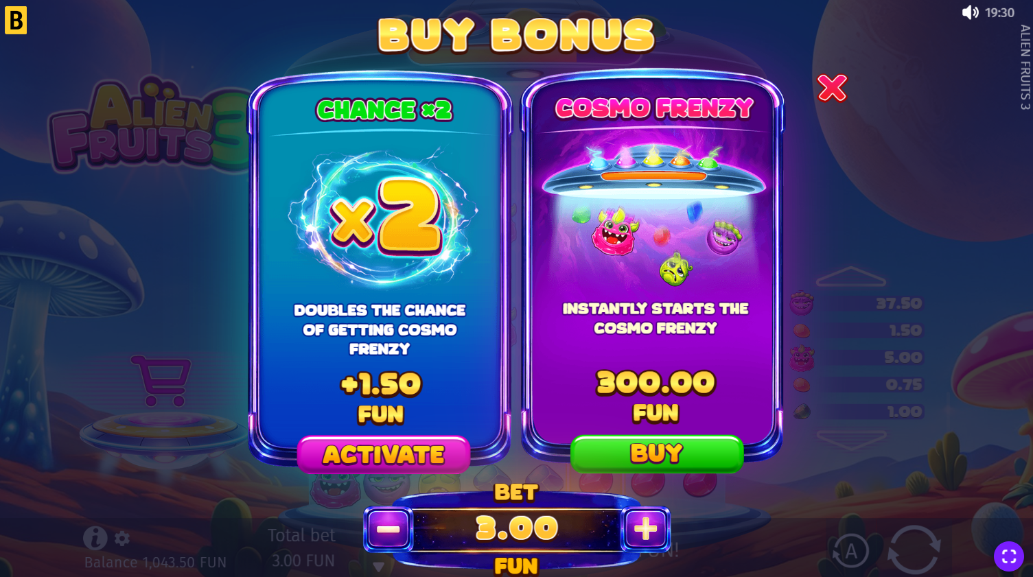 Alien Fruits 3 bonus buy options screen showing Buy Bonus and Chance x2 purchases