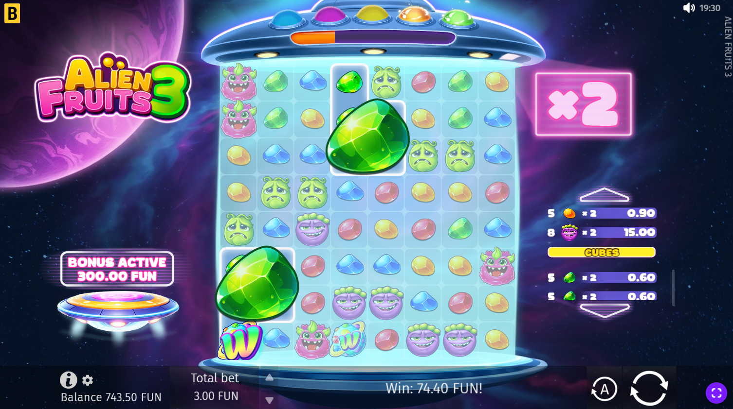 Alien Fruits 3 Cosmo Frenzy bonus showing the multi-level progress bar and multipliers