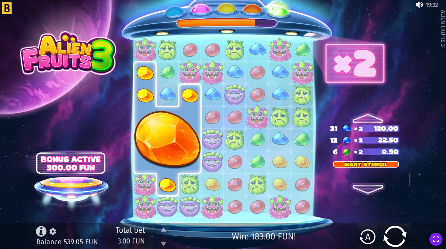Alien Fruits 3 Giant Symbol spin modifier active during the bonus round