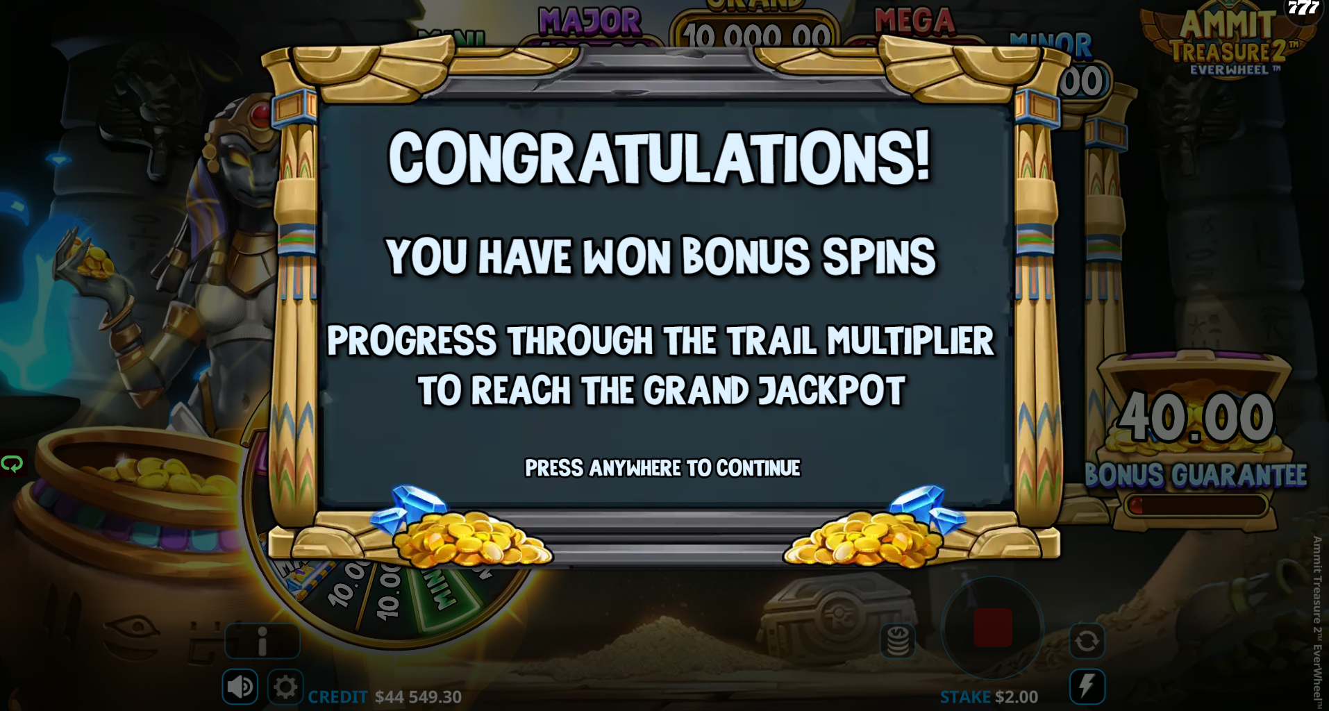 Ammit Treasure 2 EverWheel bonus feature being triggered with 6 coins in view