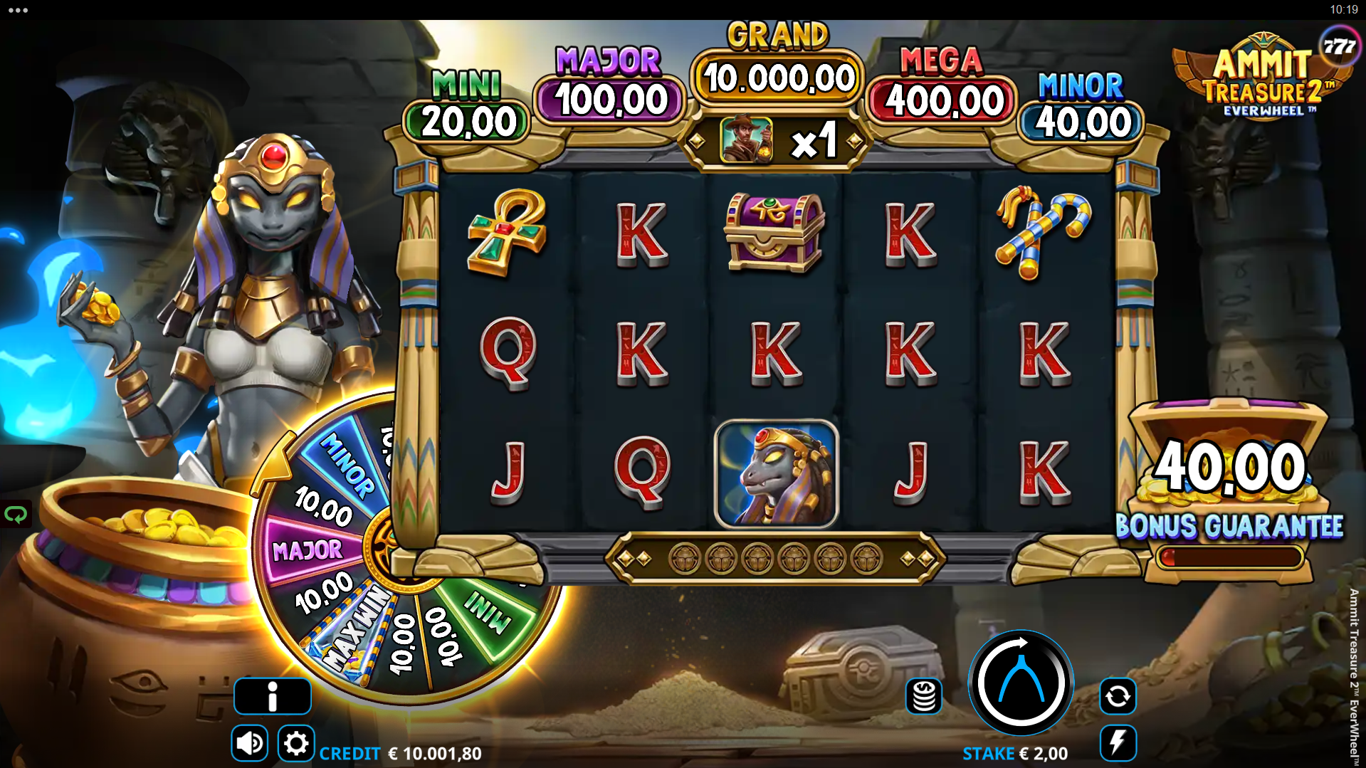 Ammit Treasure 2 EverWheel base game reels showing 5x3 grid with coin symbols