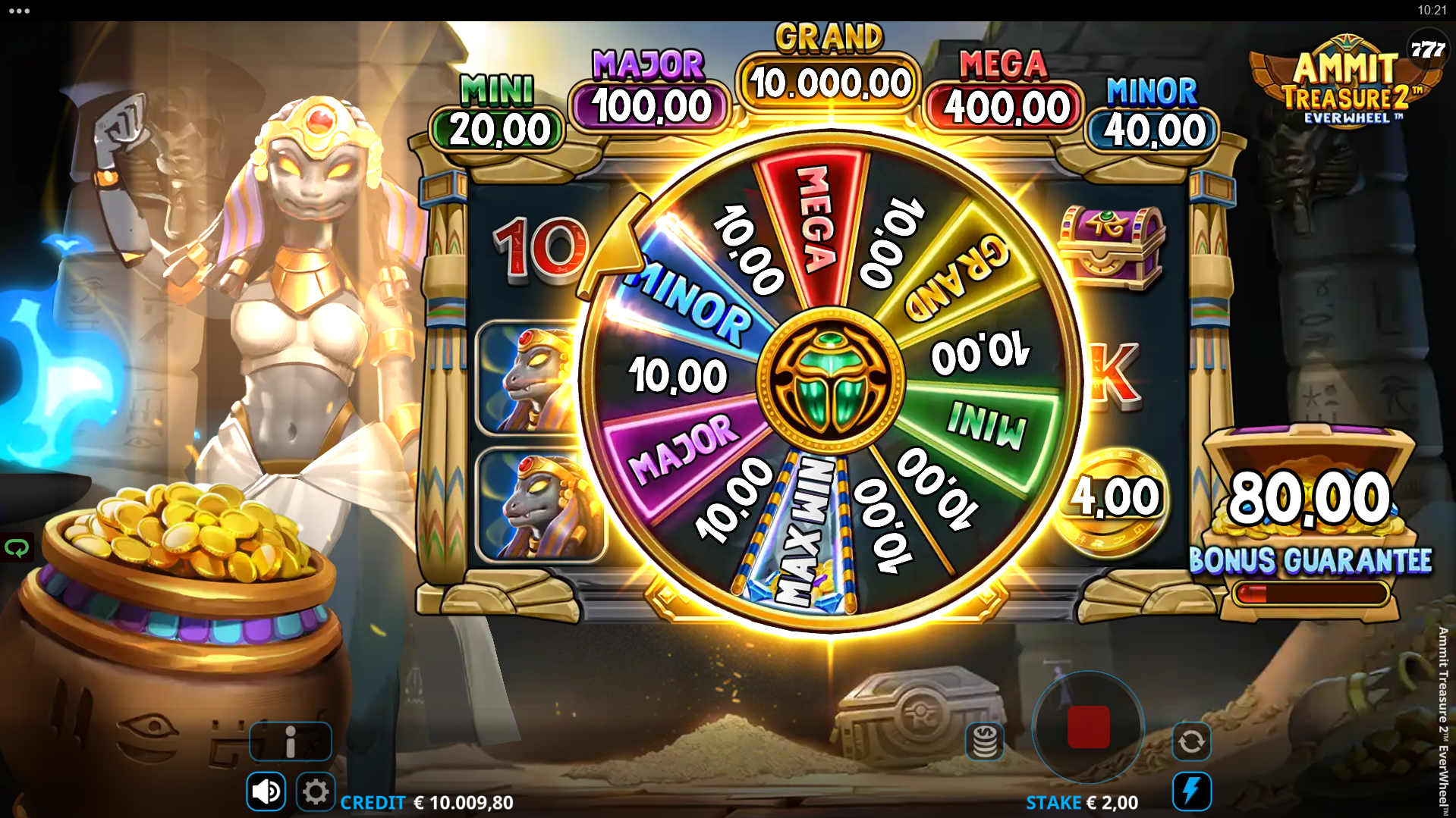 Ammit Treasure 2 EverWheel Wheel Prize feature showing the jackpot wheel
