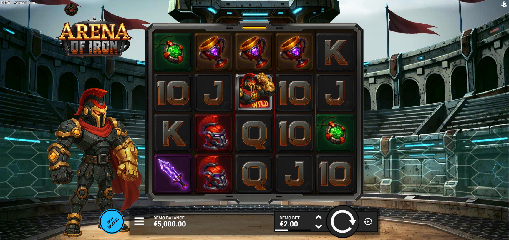 Arena of Iron base game showing the 5x4 grid with gladiator symbols and card values