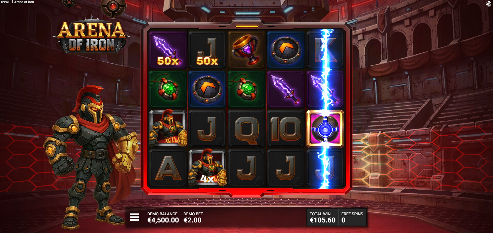 Arena of Iron free spins in progress with sticky Wilds holding 50x multipliers on multiple reels