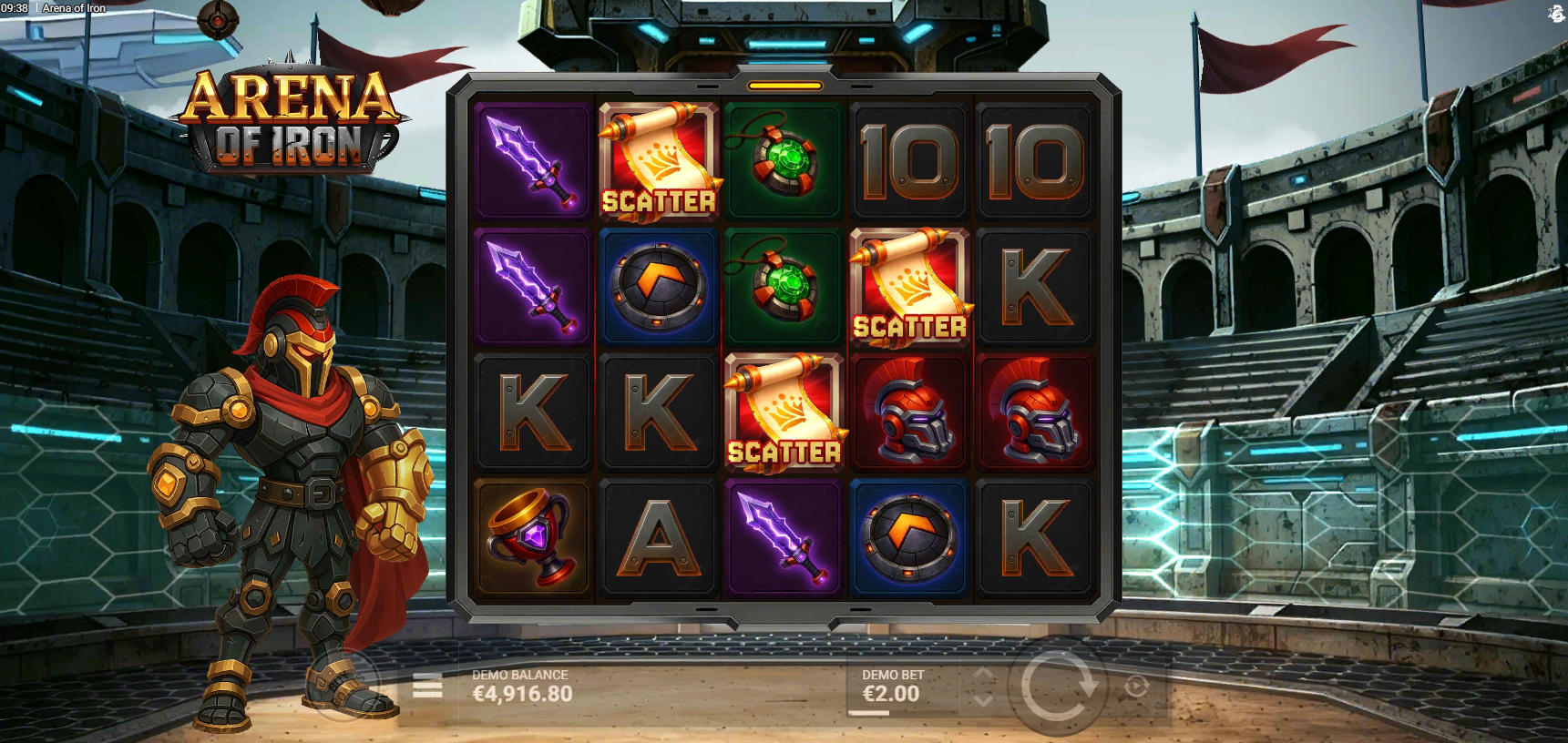 Arena of Iron free spins trigger with three Scatter symbols visible on the reels