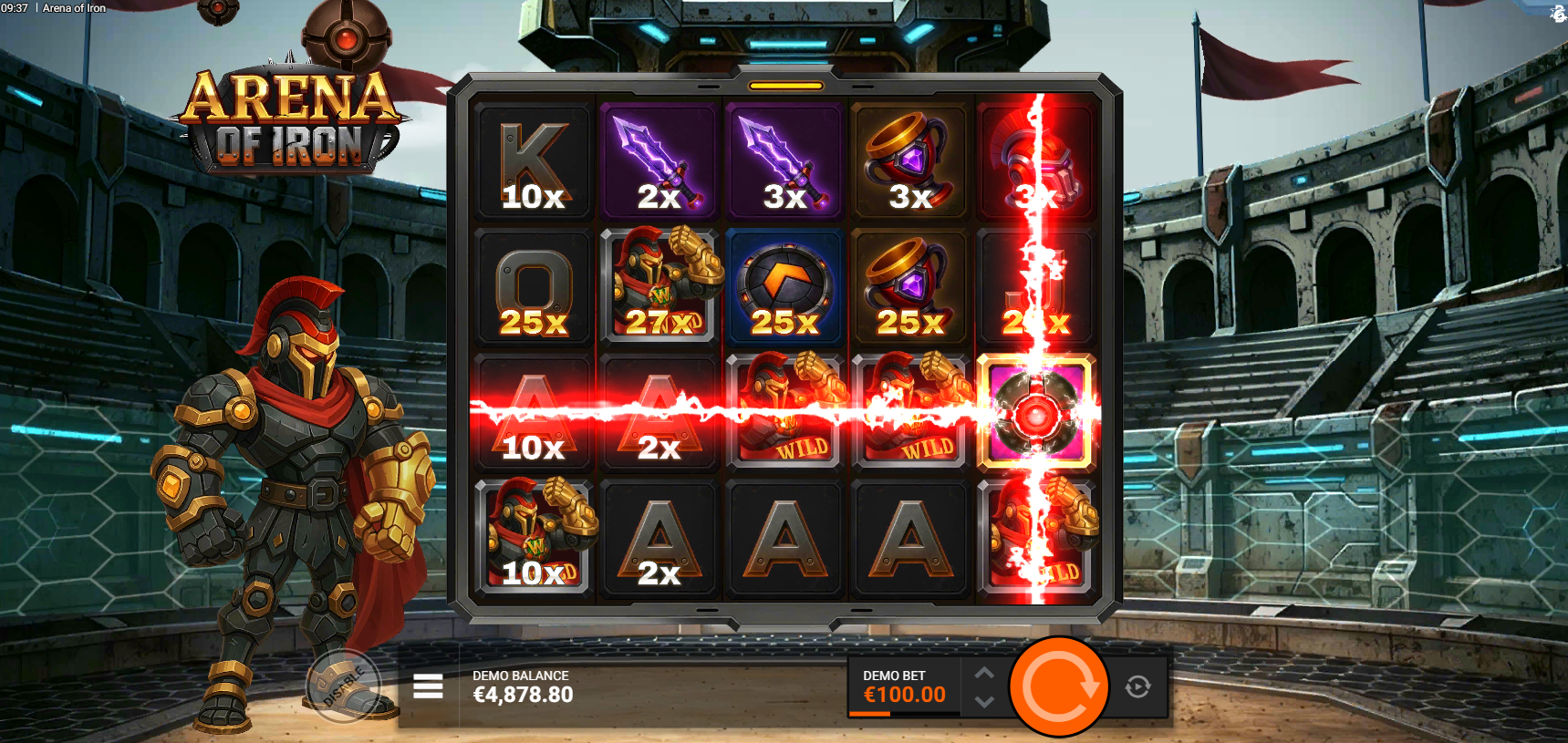 Arena of Iron Multiplier Adder feature in action showing symbols boosted with 2x, 3x, 10x, 25x and 27x multipliers