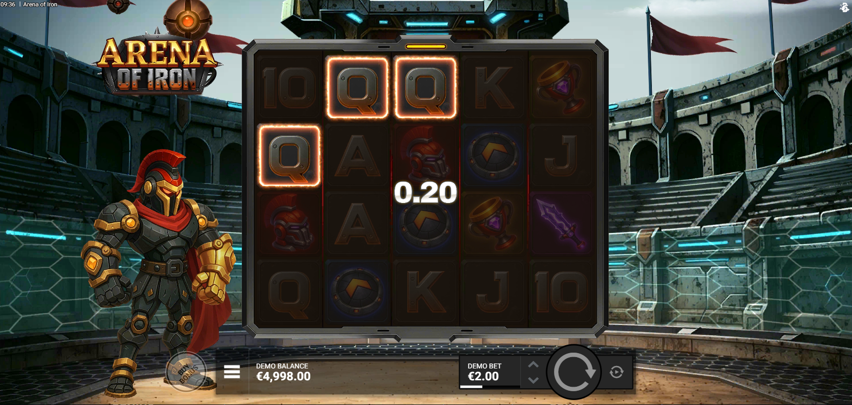 Arena of Iron payline selector screen showing 0.20 bet with the 20 fixed paylines layout