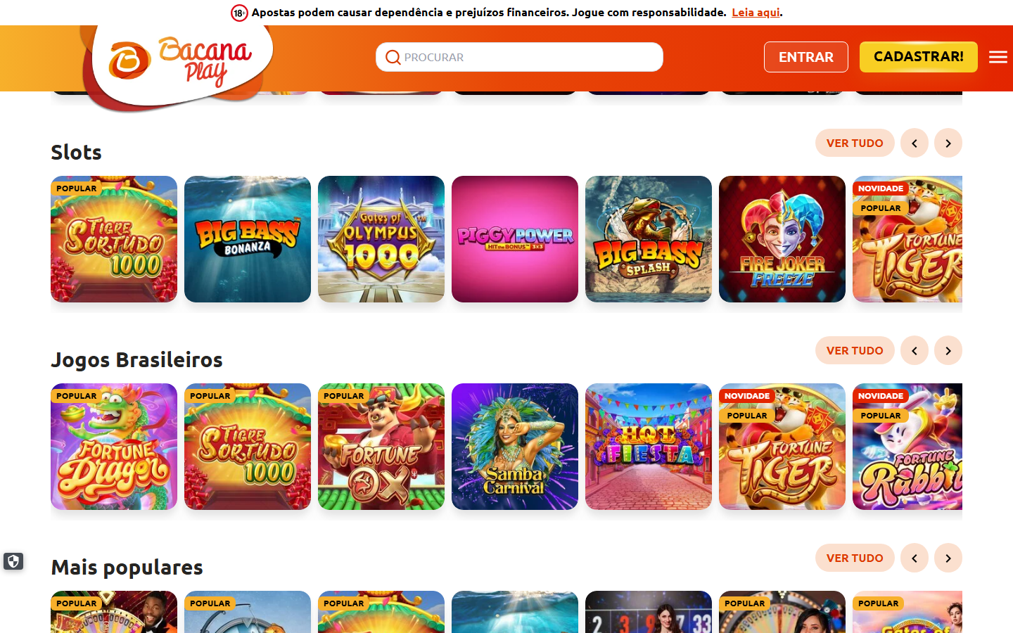 BacanaPlay Brazil casino slots lobby with Slots, Jogos Brasileiros and Mais populares rows featuring Tigre Sortudo 1000, Big Bass, Fortune OX and Samba Carnival tiles