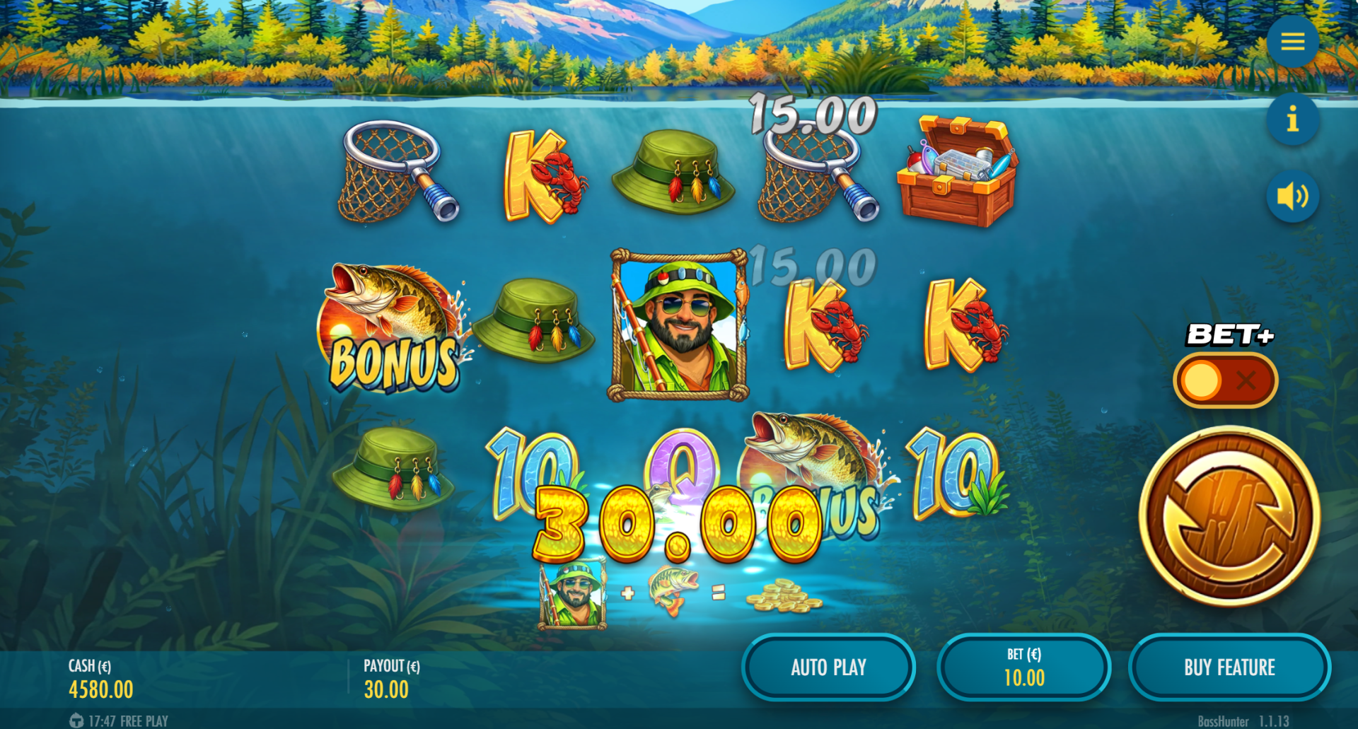 Bass Hunter slot base game screenshot showing 5x3 grid with fish symbols