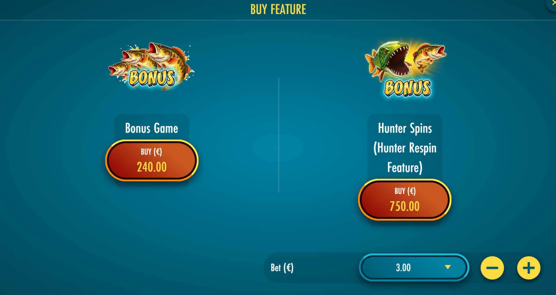 Bass Hunter Feature Buy option screen showing Bonus Game and Hunter Spins purchase options
