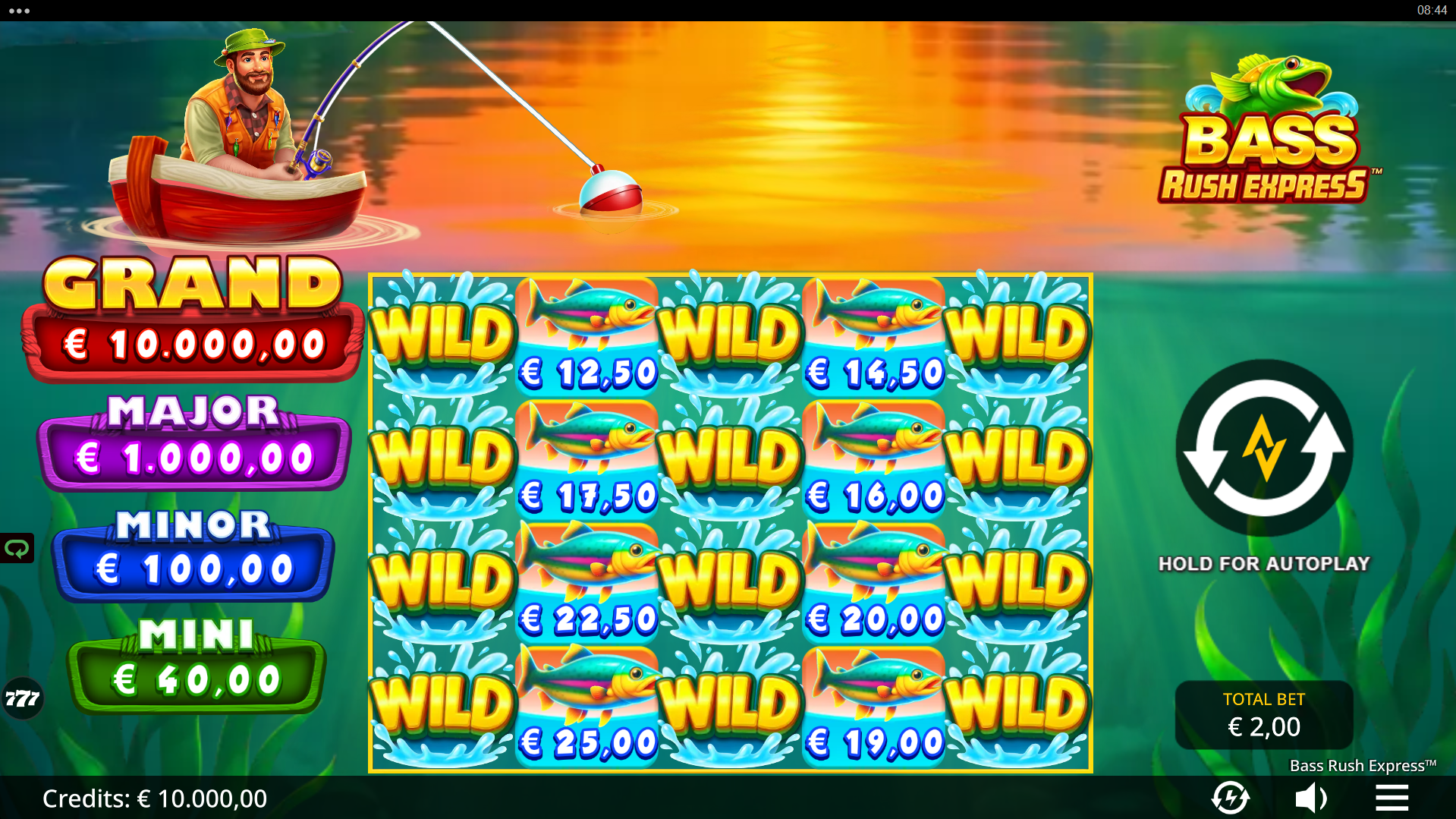 Bass Rush Express base game play on a 5x4 grid with 20 fixed paylines