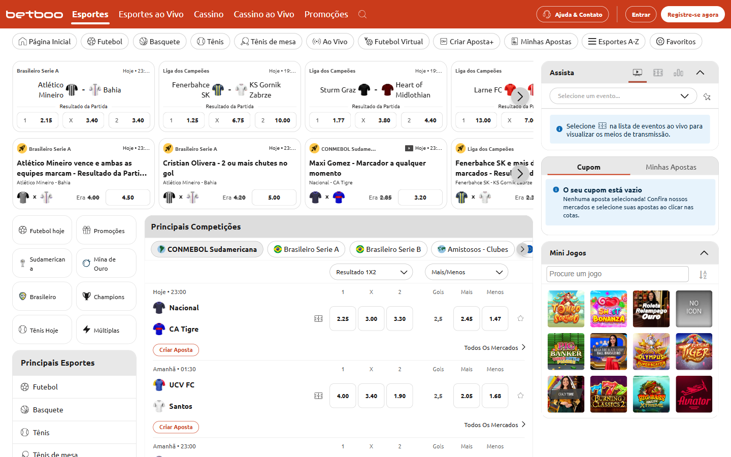 Betboo Brazil homepage rendered via headed browser, showing the red Portuguese sportsbook with live football odds and a Mini Jogos casino games panel