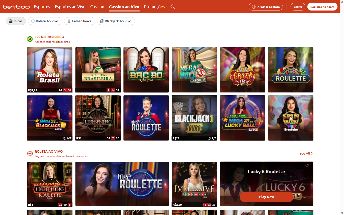 Betboo Brazil Cassino ao Vivo live-dealer lobby with Roleta Brasil, Bac Bo, Crazy Time, Mega Roulette and Lightning Roulette tables hosted by Brazilian presenters