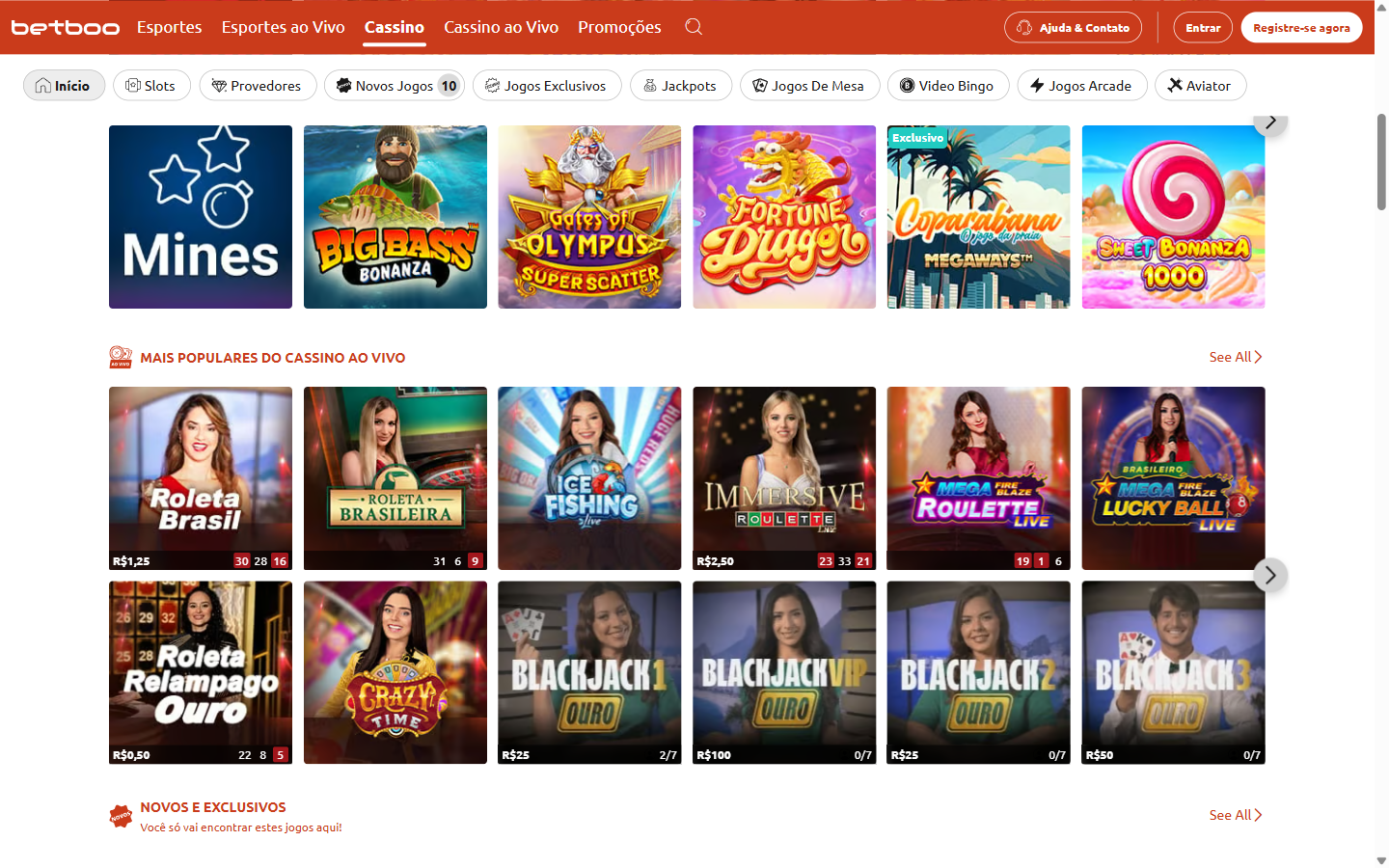 Betboo Brazil Cassino slots lobby past the 18+ gate showing Mines, Big Bass Bonanza, Gates of Olympus, Fortune Dragon and Sweet Bonanza tiles above a live casino row