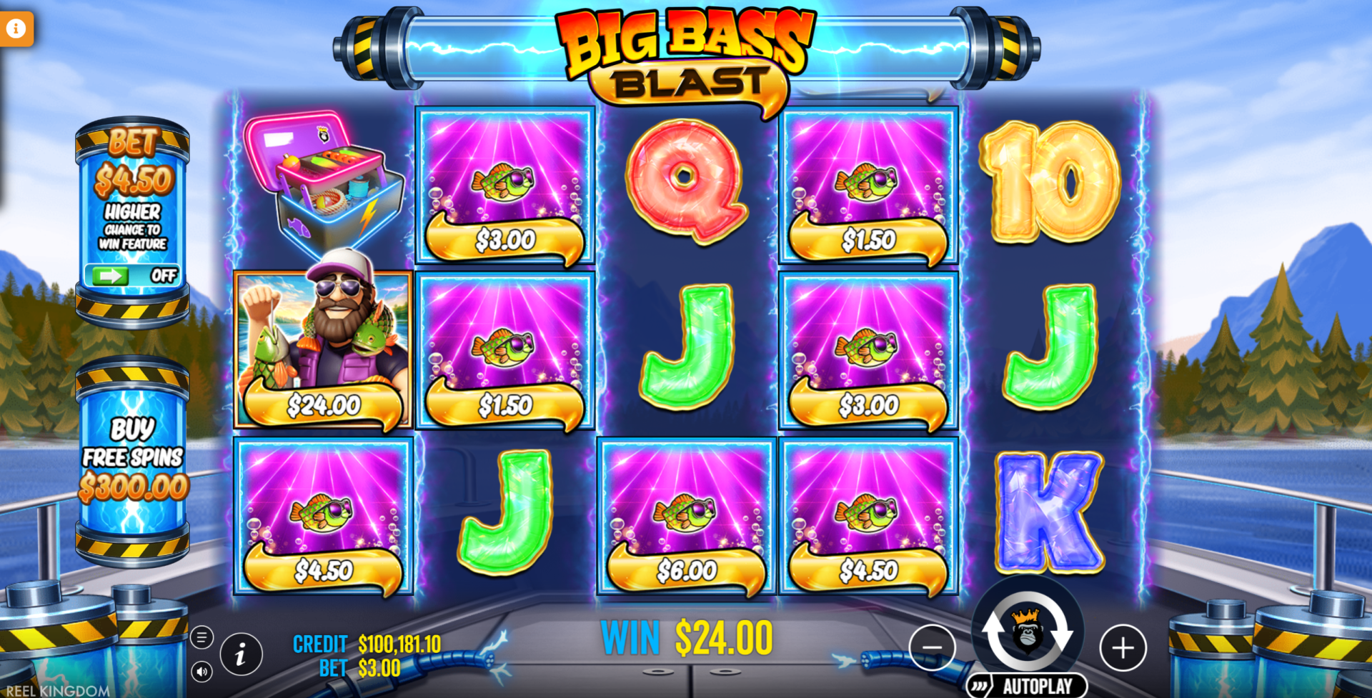 Big Bass Blast base game showing 5x3 reel grid with fisherman wild and fish money symbols