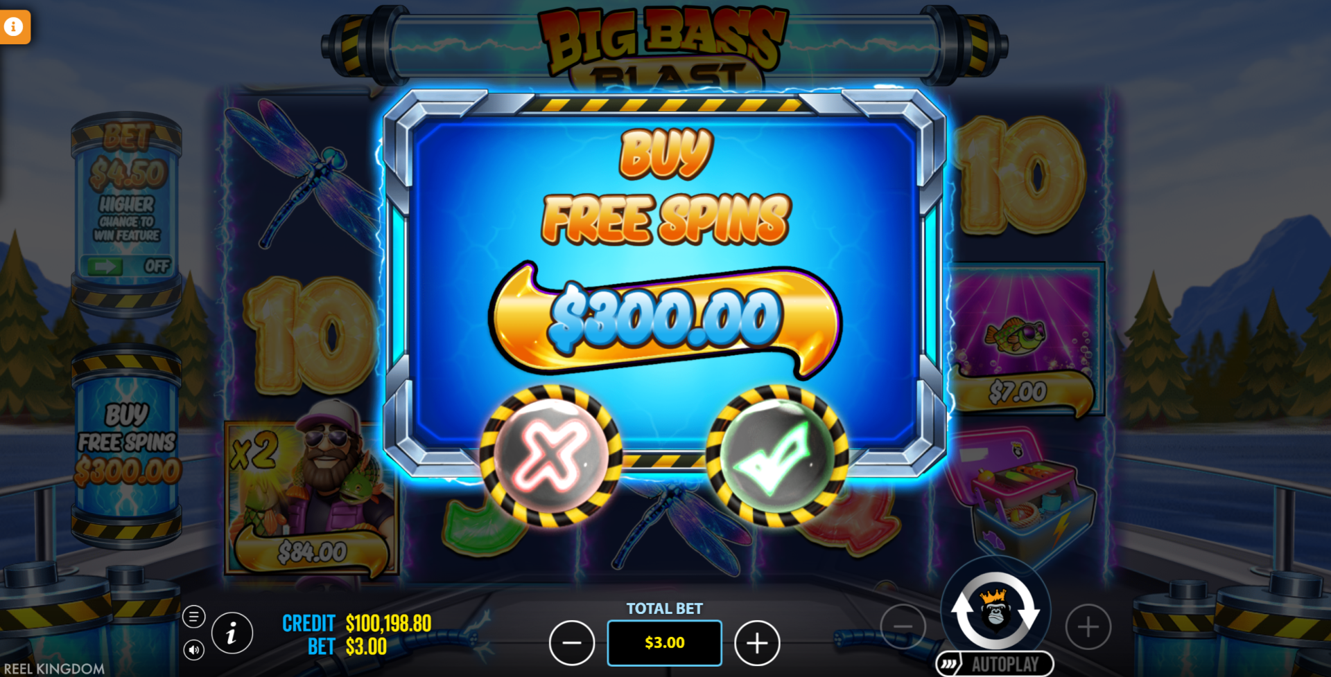 Big Bass Blast bonus buy screen showing Buy Free Spins for $300 on a $3 bet