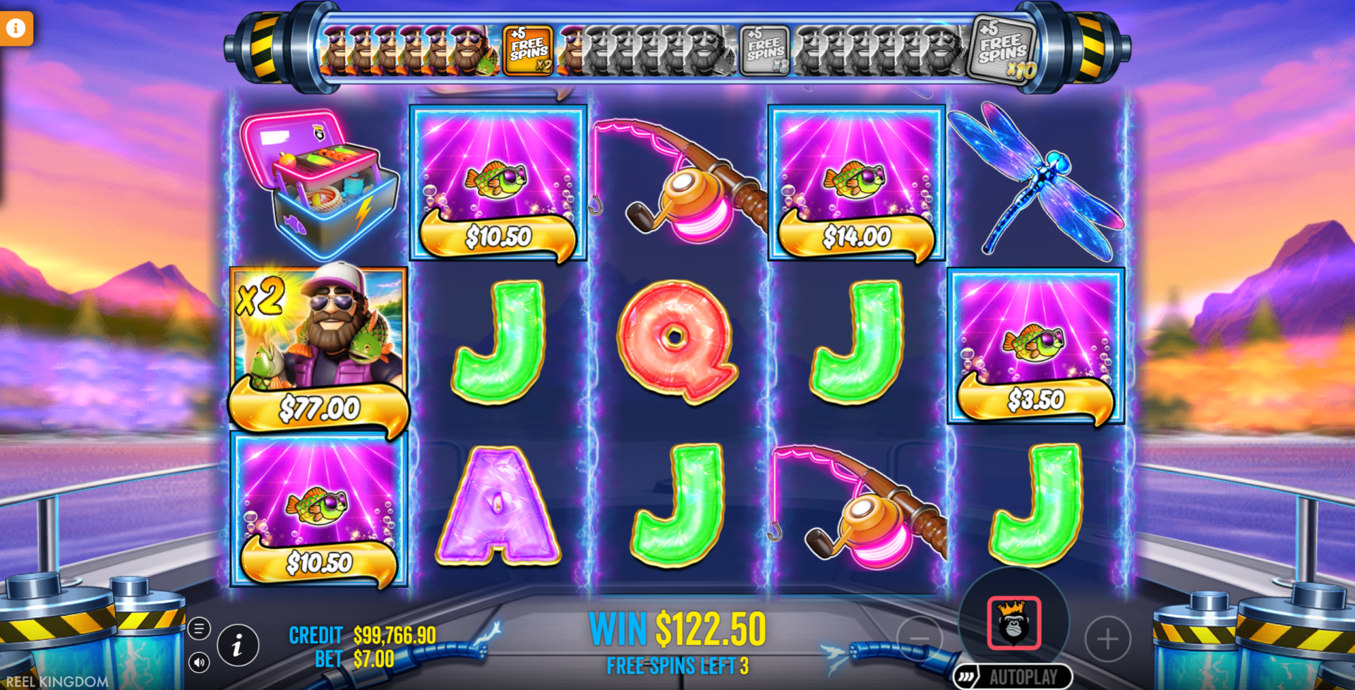 Big Bass Blast free spins bonus in progress with multiplier wild and fish money symbols active