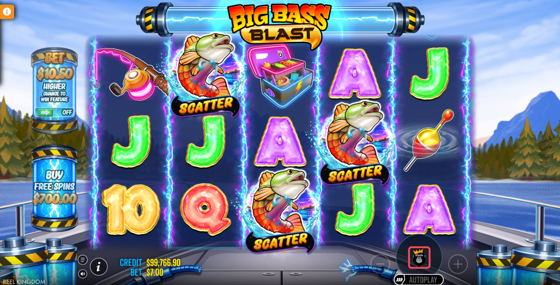 Big Bass Blast showing 3 scatter symbols landing to trigger the free spins bonus