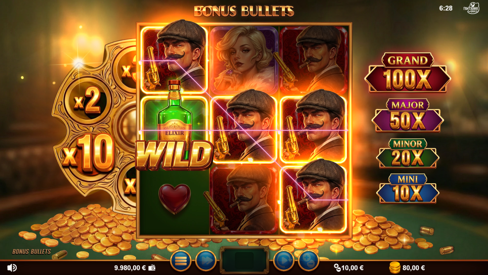 Bonus Bullets base game reels showing the 3-reel layout