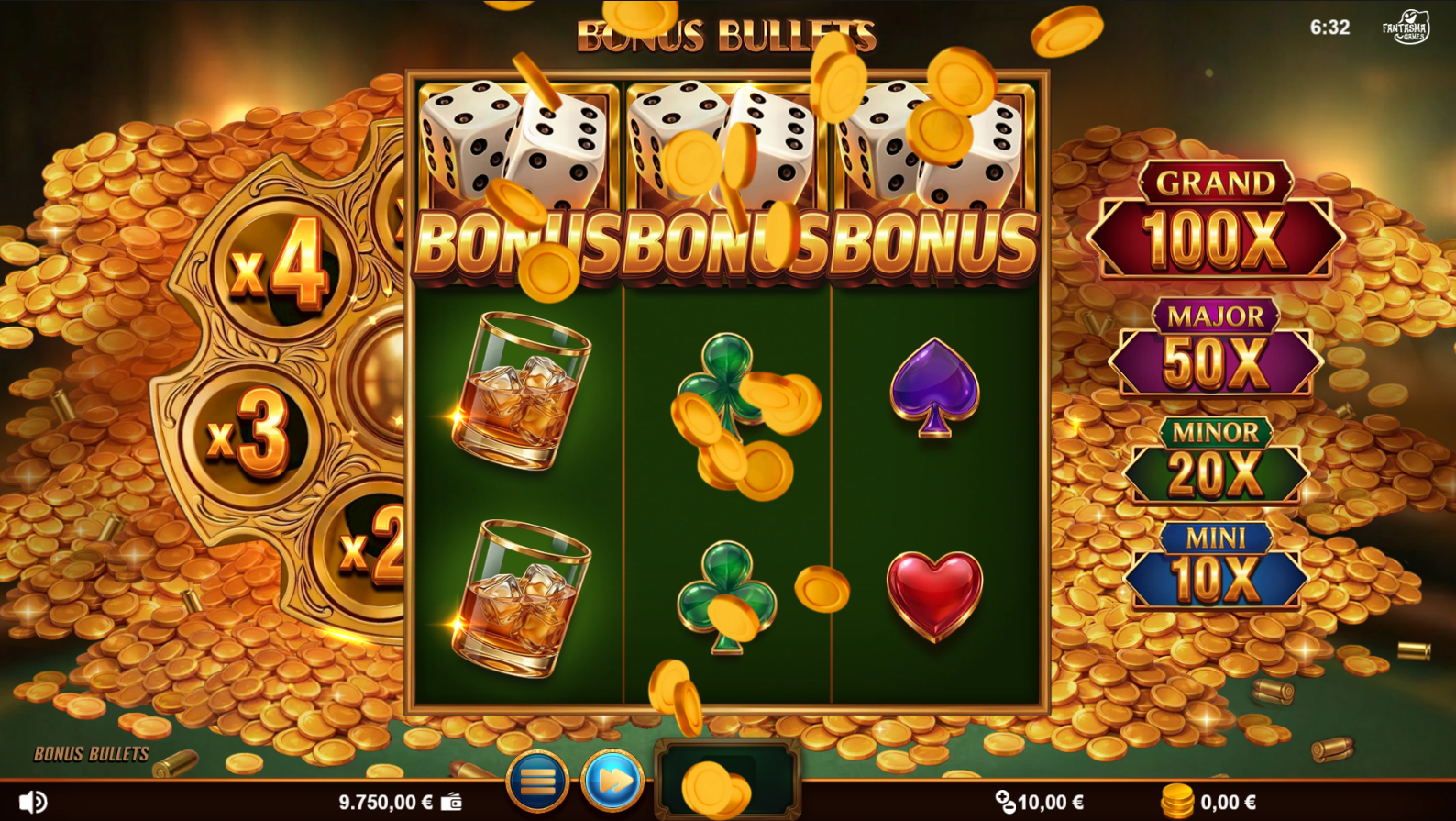 Bonus Bullets bonus symbols triggering the Golden Bullet Bonus Spin