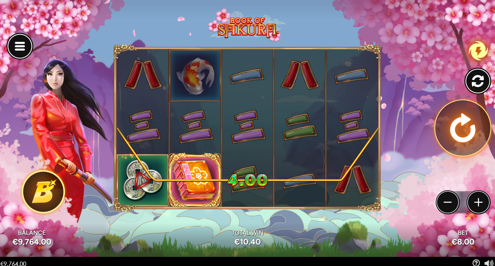 Book of Sakura base game - 5x3 reels with cherry blossom theme