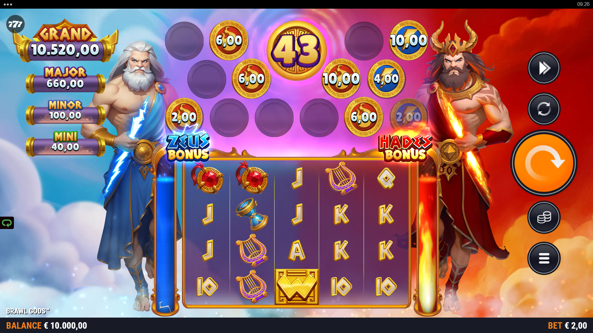 Brawl Gods base game gameplay showing the 5x4 reel grid