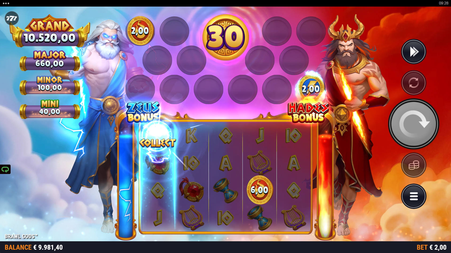 Brawl Gods Collect feature showing Blue and Red collect symbols