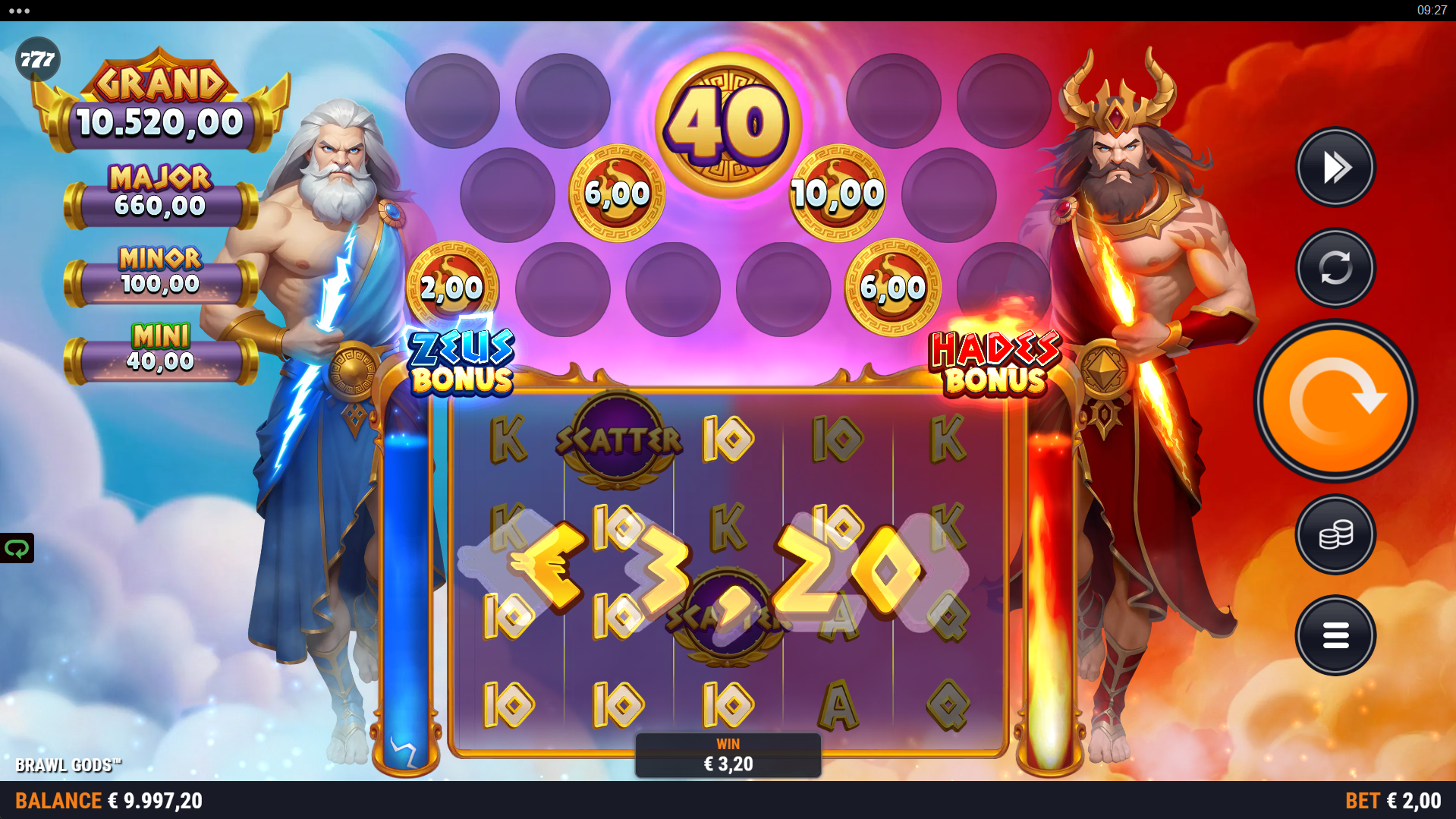 Brawl Gods showing 40 fixed paylines layout