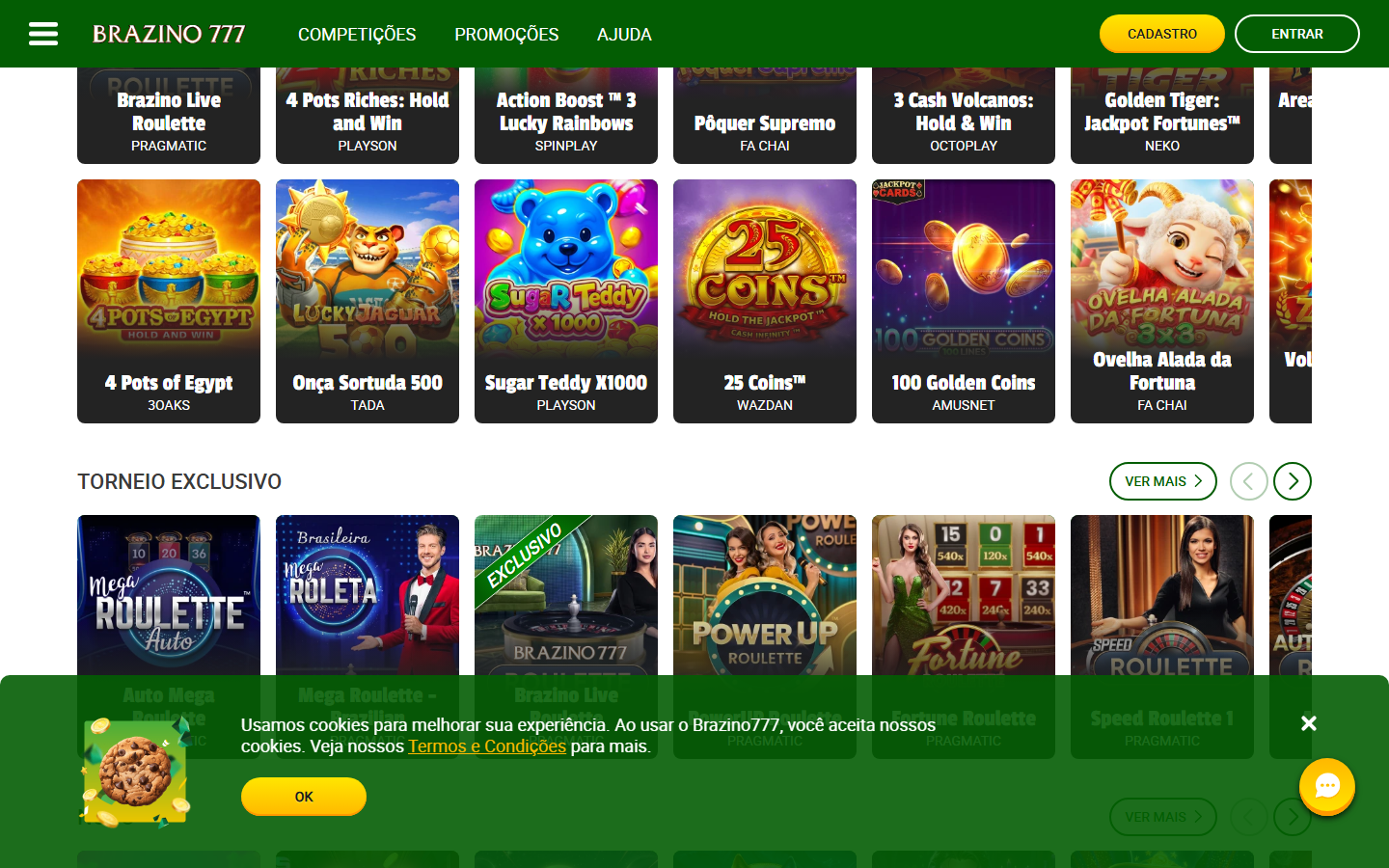 Brazino777 Brazil casino game lobby past the 18+ gate showing slot tiles such as 4 Pots of Egypt, Sugar Teddy X1000 and 25 Coins plus a Torneio Exclusivo live roulette row