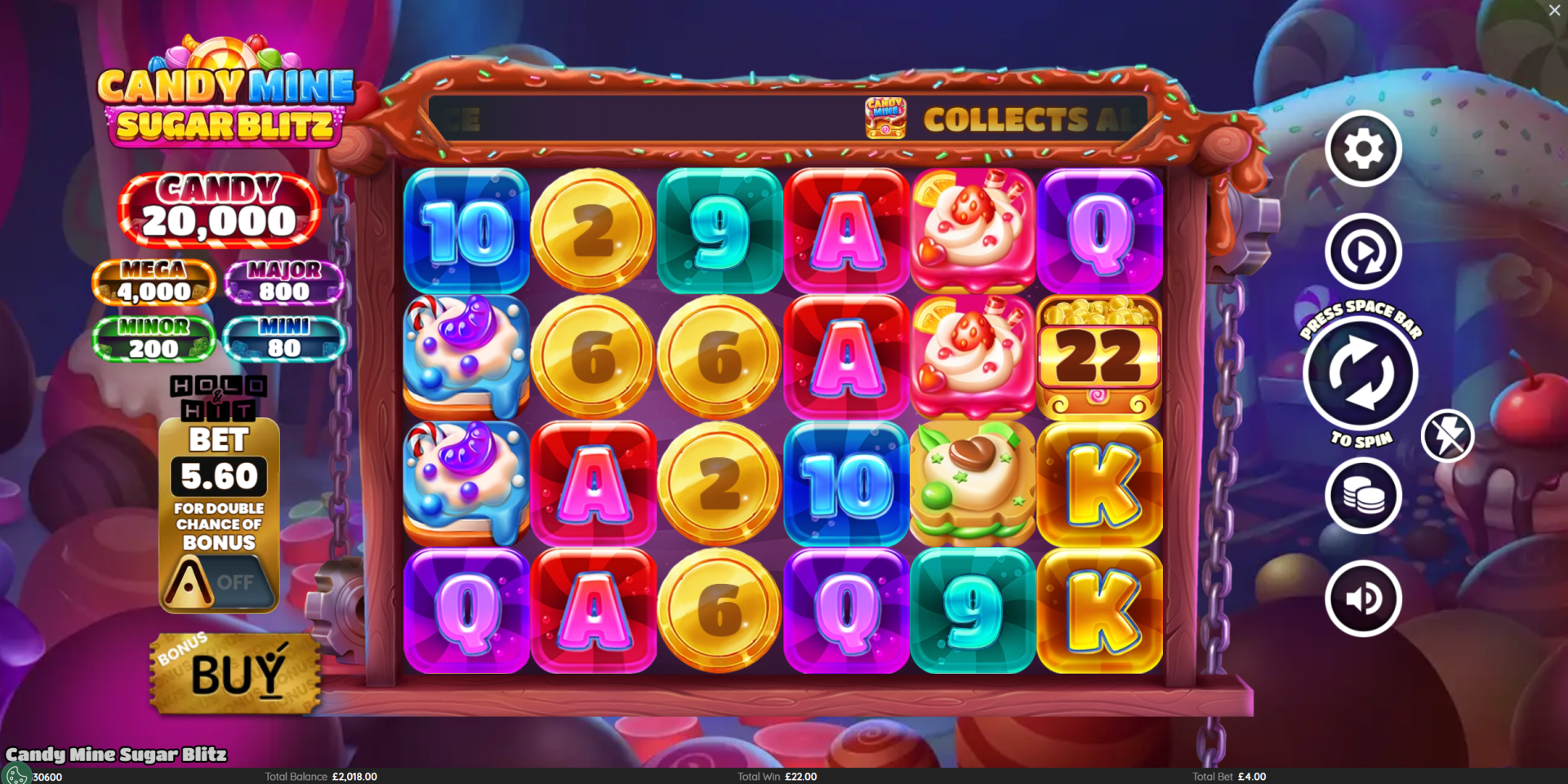 Candy Mine Sugar Blitz base game showing the 6x4 grid with candy symbols and cash on reels