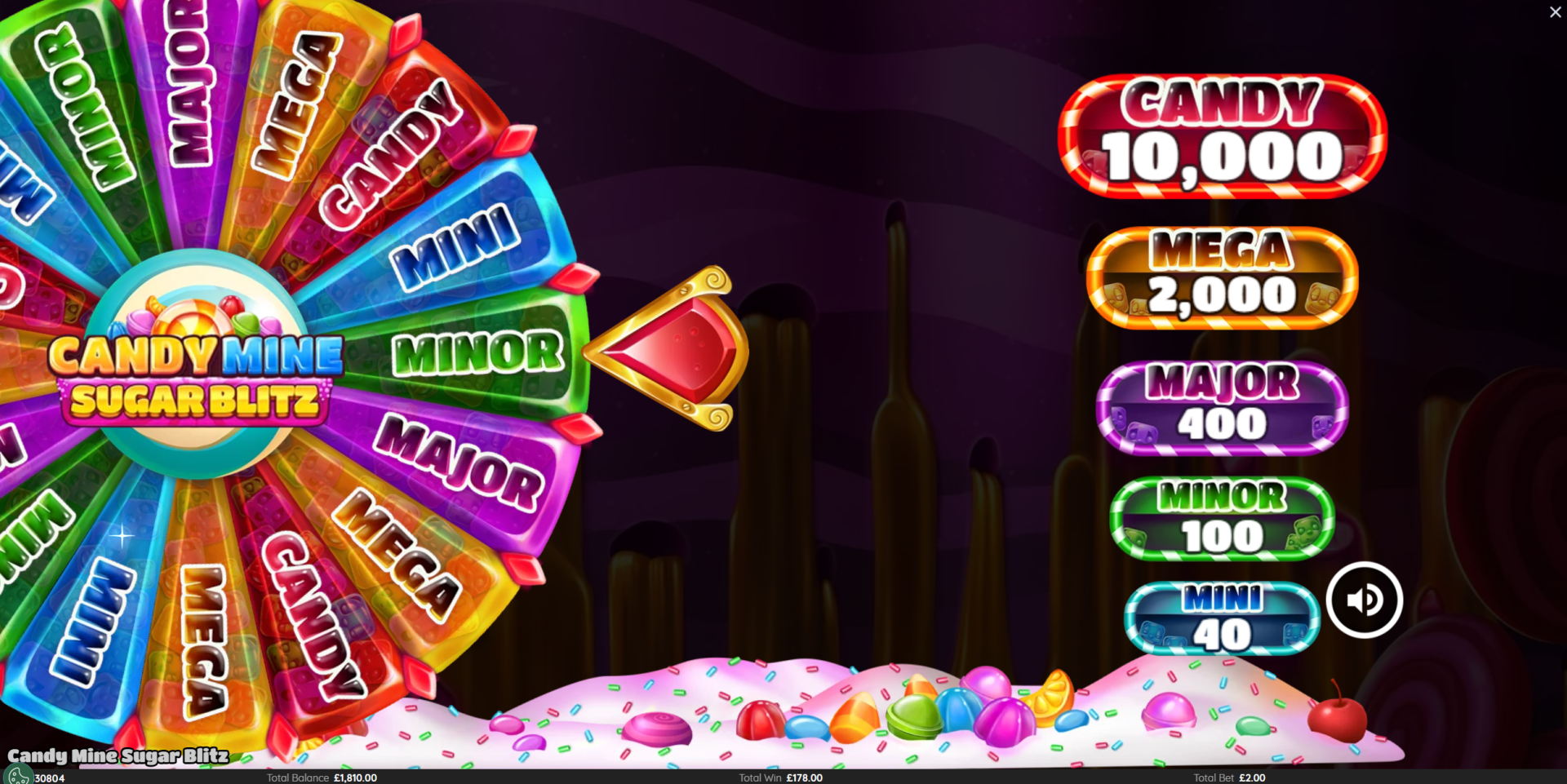 Candy Mine Sugar Blitz Big Tasty Jackpot Feature spin the wheel for one of 5 fixed jackpots