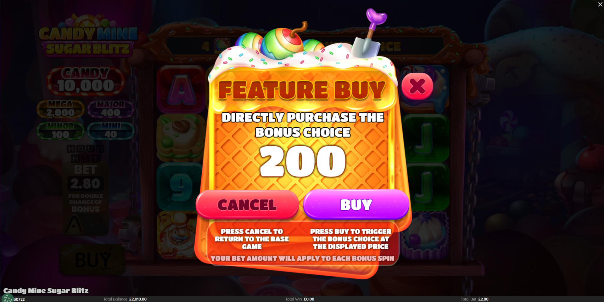 Candy Mine Sugar Blitz feature buy option to directly purchase the bonus choice at 200x stake