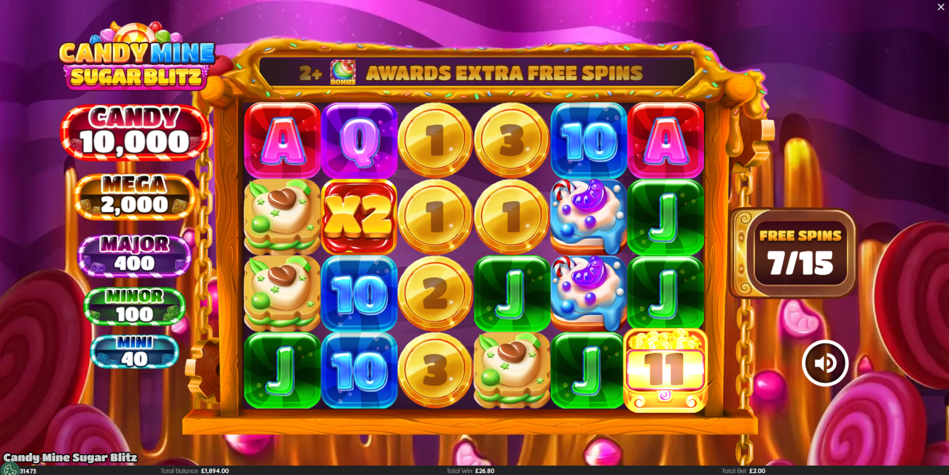 Candy Mine Sugar Blitz Fizzy Free Spins bonus featuring 2x 3x and 5x multiplier wilds