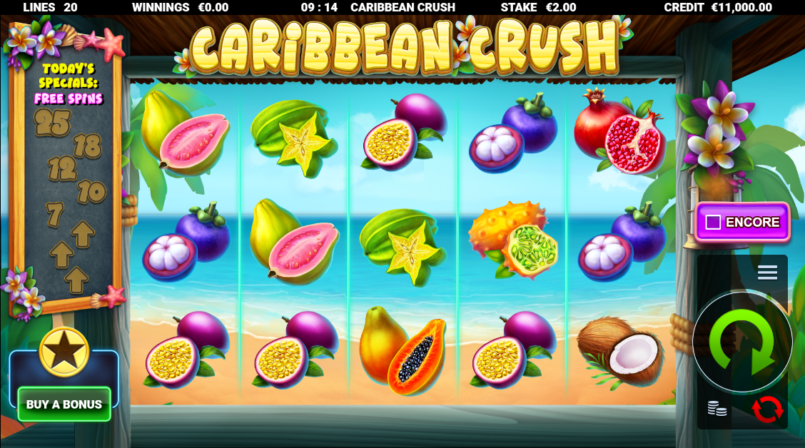 Caribbean Crush base game reels showing 5x3 grid with tropical symbols