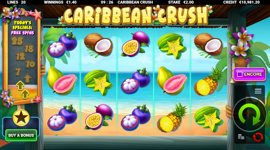 Caribbean Crush showing each cascade win advancing the Free Spins Trail